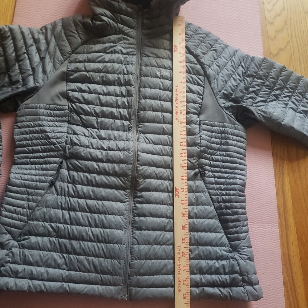 Women's Large Eddie Bauer Down Coat BROKEN ZIPPER Grey Hooded Jacket - Picture 13 of 16